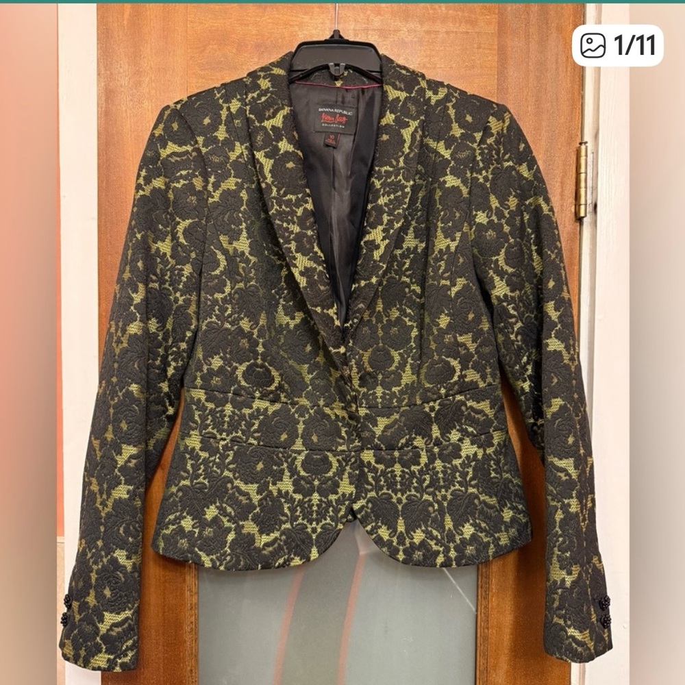 Banana Republic L’Wren Scott Black & Bright Celery Glam Brocade Blazer Jacket